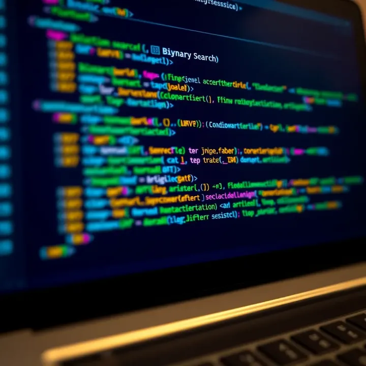 Code snippet showing binary search implementation in a programming language with comments