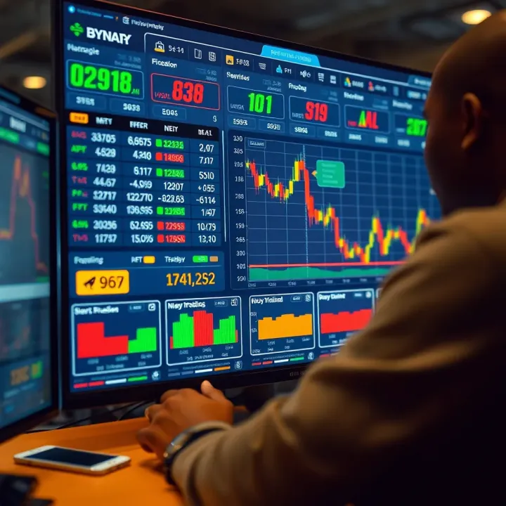 Illustration of a digital interface displaying binary trading options and charts