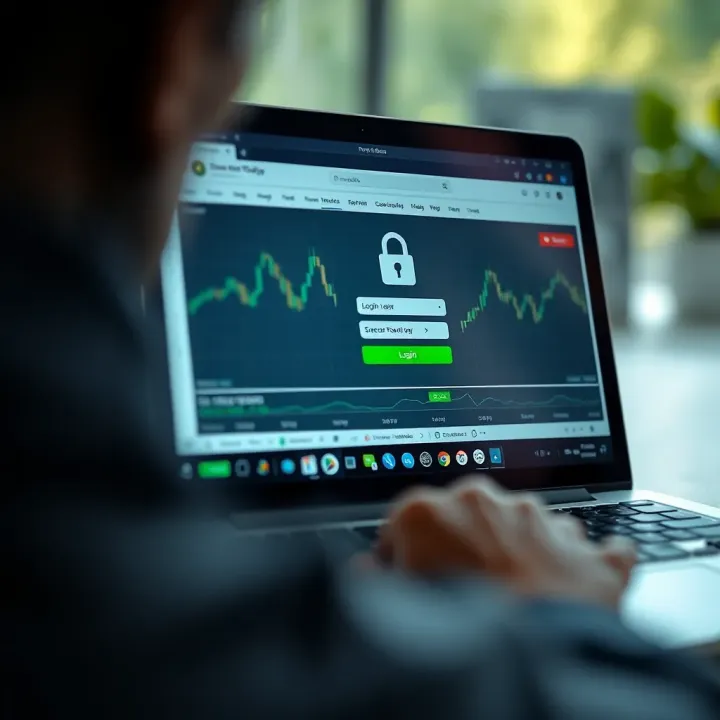 Secure login interface for a binary trading platform accessed on a laptop