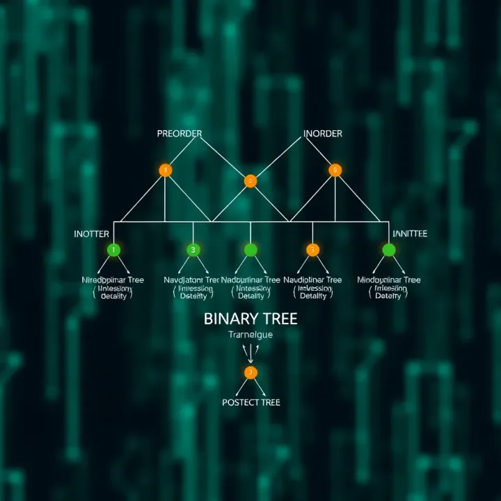 Visualization showing different methods of navigating a binary tree including preorder, inorder, and postorder traversals