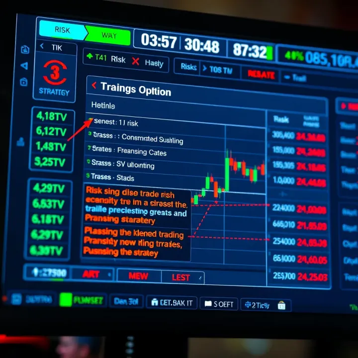 Illustration of a digital screen displaying forex binary trading options with highlighted risk and strategy elements