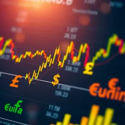 Graph depicting currency exchange rates fluctuating over time with major currency symbols