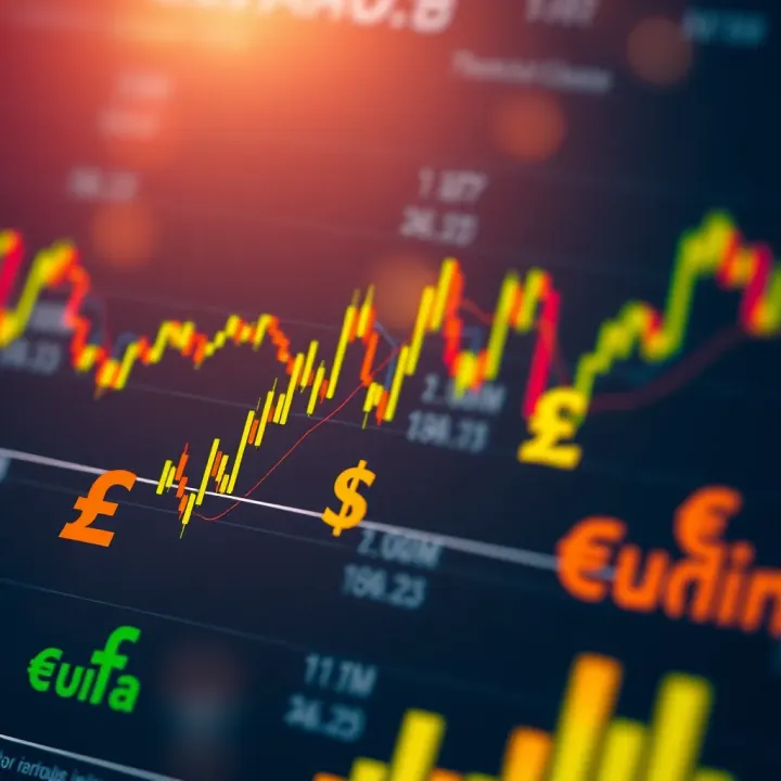 Graph depicting currency exchange rates fluctuating over time with major currency symbols