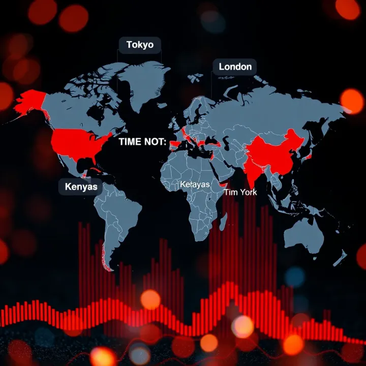 World map highlighting key forex trading sessions including Tokyo, London, and New York in relation to Kenyan time zone