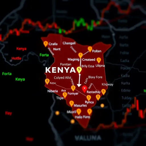 Map of Kenya highlighting financial hubs with forex trading icons representing market activity