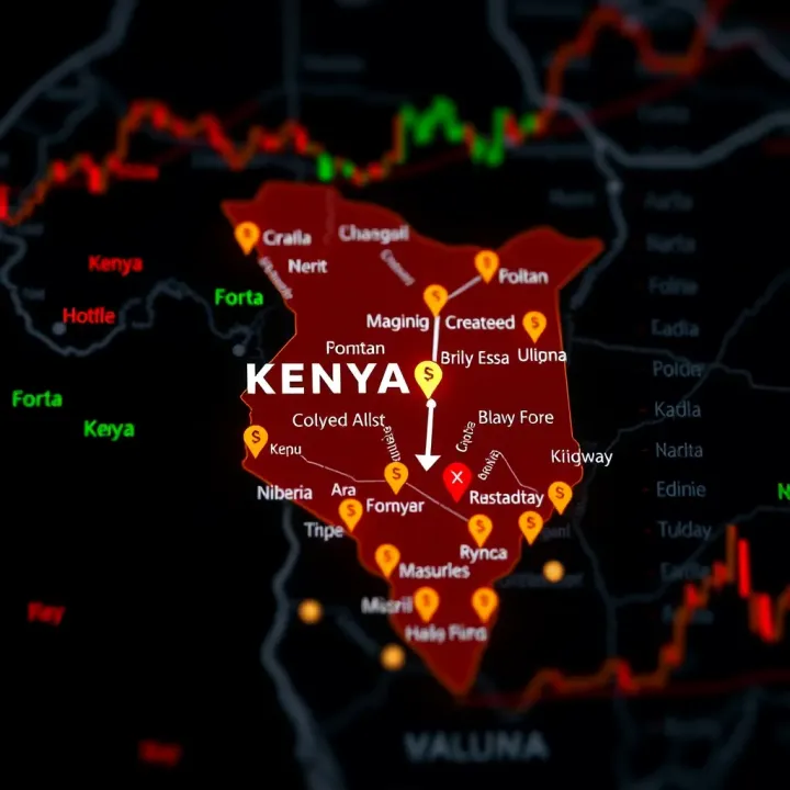Map of Kenya highlighting financial hubs with forex trading icons representing market activity