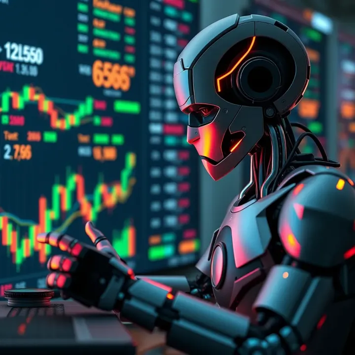 Conceptual graphic of a robot interacting with financial data charts and binary options symbols