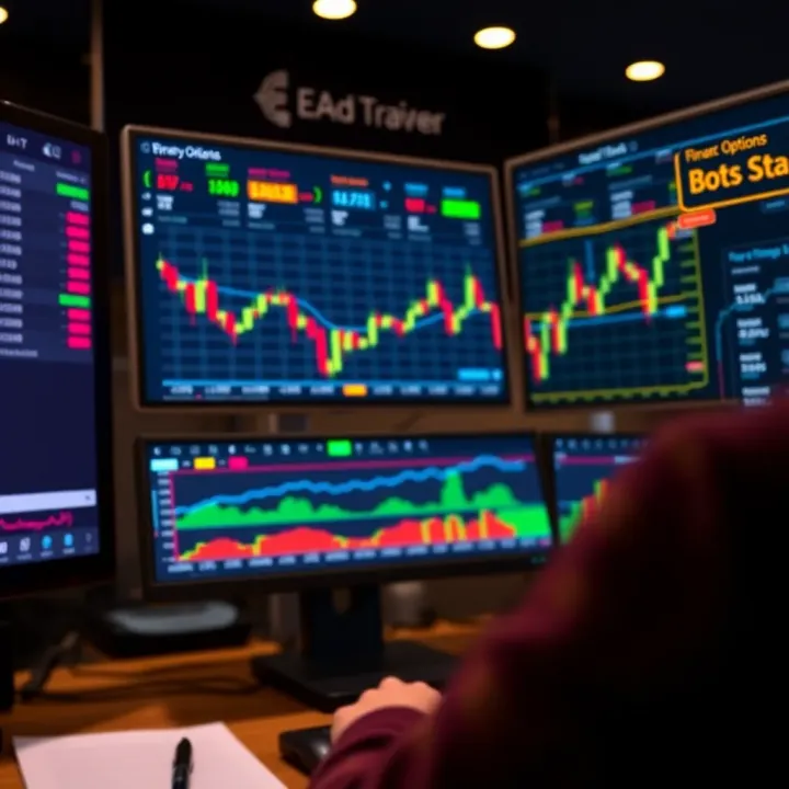 Illustration of a digital trading interface displaying binary options charts and automated trading signals