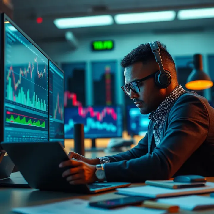Forex trader analyzing financial data and economic events to anticipate currency market trends