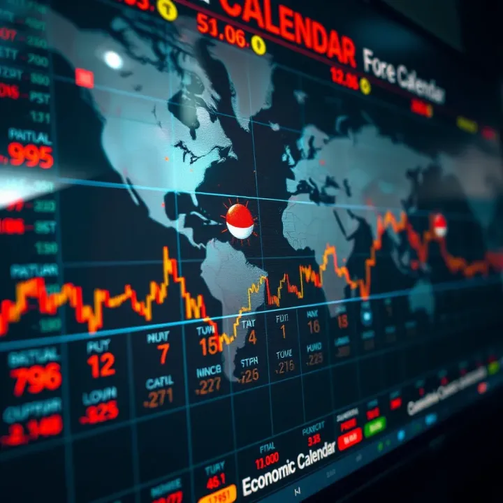 Global economic indicators displayed on a digital calendar interface highlighting key forex market events