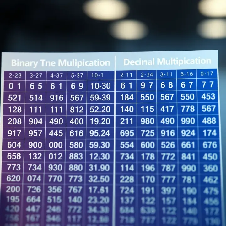Comparison chart showing binary multiplication alongside decimal multiplication highlighting differences and similarities