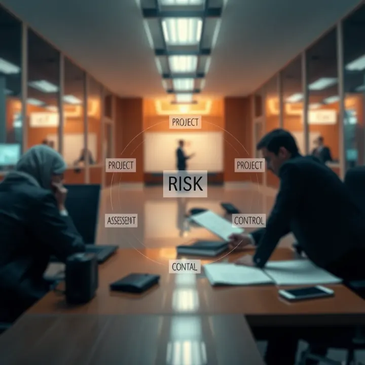 Diagram illustrating key stages of project risk management including identification, assessment, and control in a business context