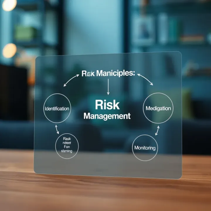 Diagram illustrating core principles of risk management including identification, assessment, mitigation, and monitoring