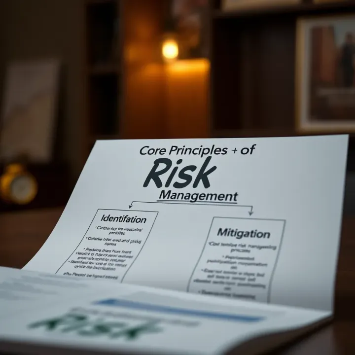 Diagram illustrating key risk management principles with focus on identification, evaluation, and mitigation